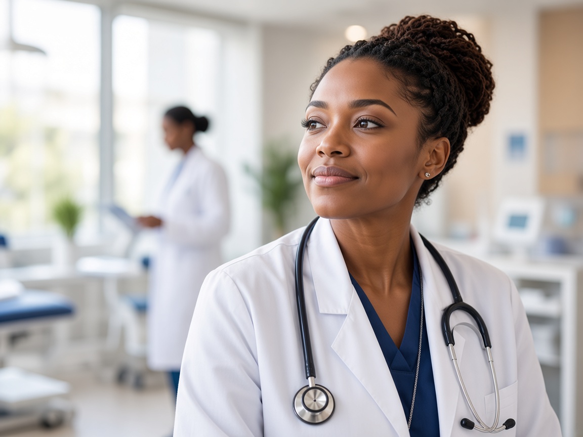 A physician in a white coat in a bright clinic